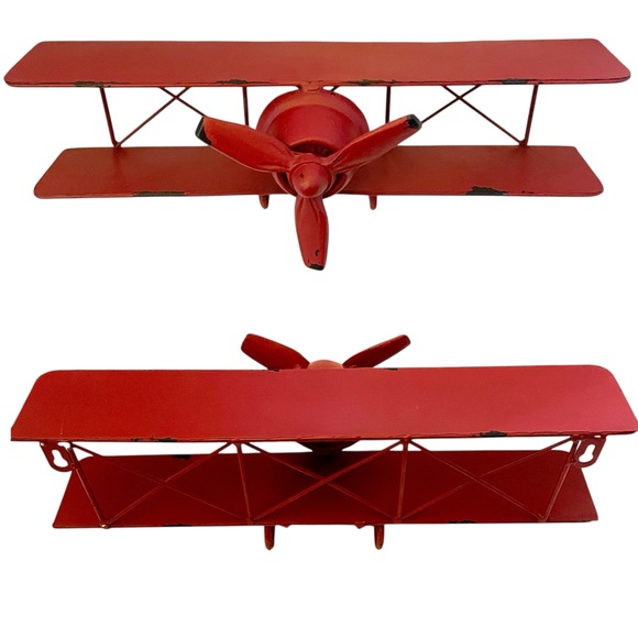 Vintage Style Red Metal Biplane Wall Decor 16” Wing Span Distressed Med. Weight - Picture 3 of 16
